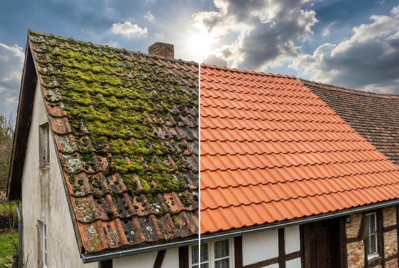 Gros plan de tuiles propres après entretien et démoussage